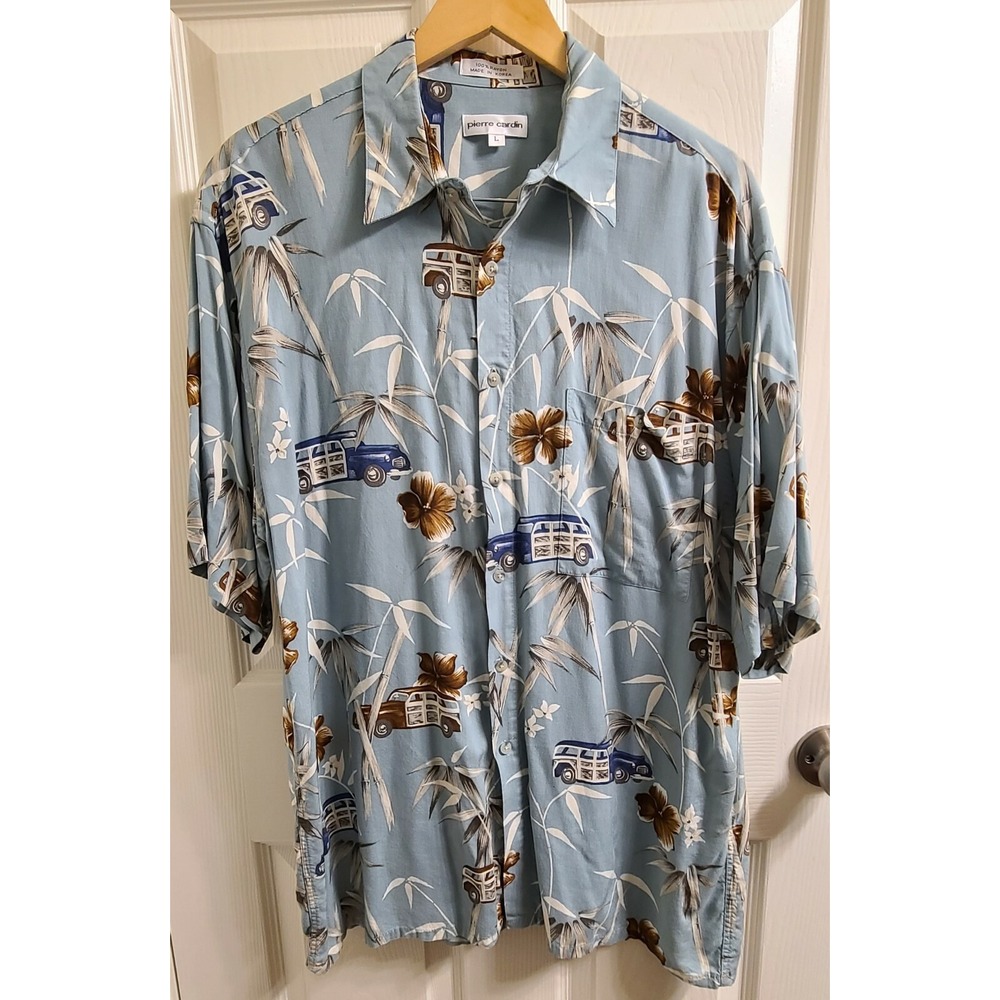 Pierre Cardin Mens Hawaiian Shirt Short Sleeve Green Floral Print Button Size L